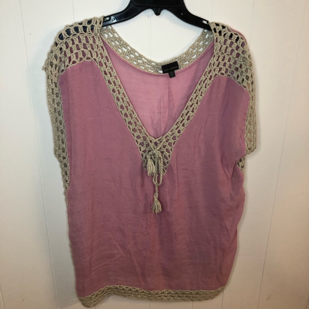 Coco + Carmen Pink Gauze V-Neck Tunic with Cream Crochet Trim Cover Up XXL